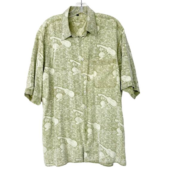 Bugatchi Uomo Green Printed 100% Silk Short Sleeve Button Down Sz L - Picture 1 of 7